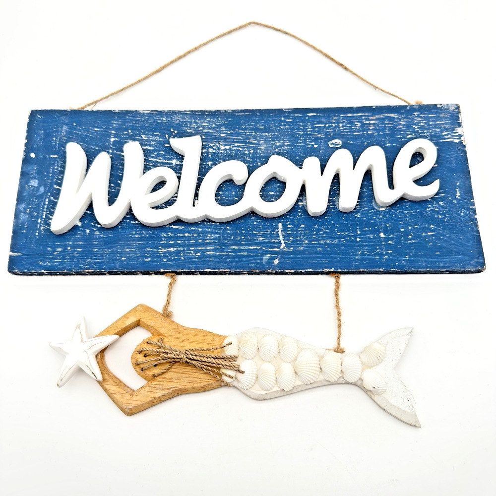 Welcome Sign Beach House Mermaid Coastal Wall Hanging Wood Shabby Rustic